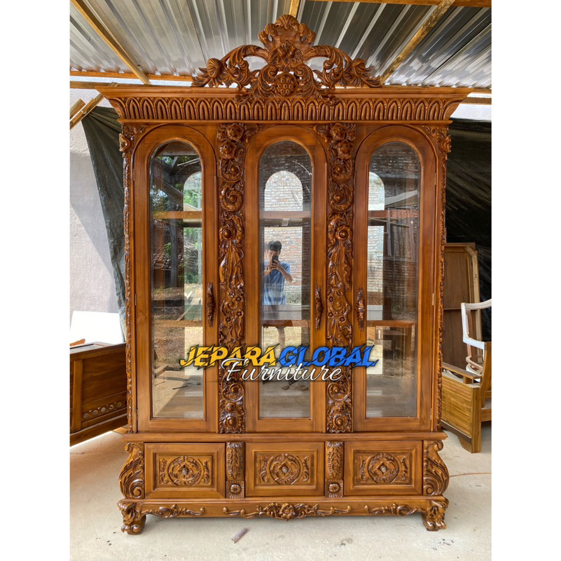 Lemari Hias Jati ukir Tulip Pintu 3 Lengkap Kaca REAL PICT ( lemari jati, rak ukir jati,lemari kaca)