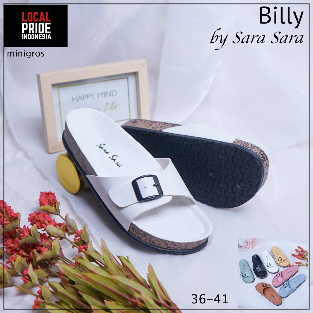 Sara Sara BILLY Sandal Slop Wanita Kekinian Sendal Kulit Cewek Birken Gesper Sol Puyuh Size 36 41 Terbaru