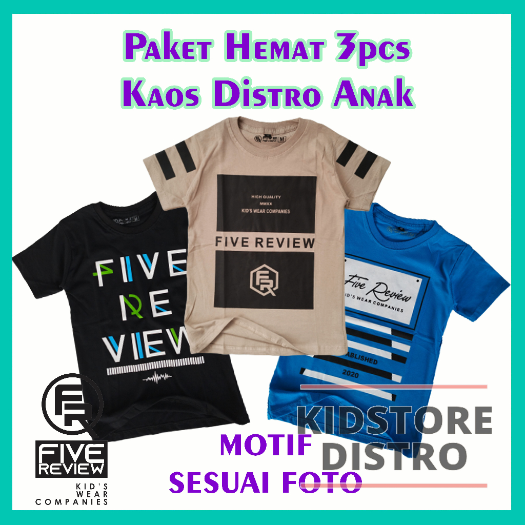 Paket 3pcs Baju Kaos Distro Anak Laki Laki Perempuan Bahan Katun Adem Branded Clothing Kidstore Distro