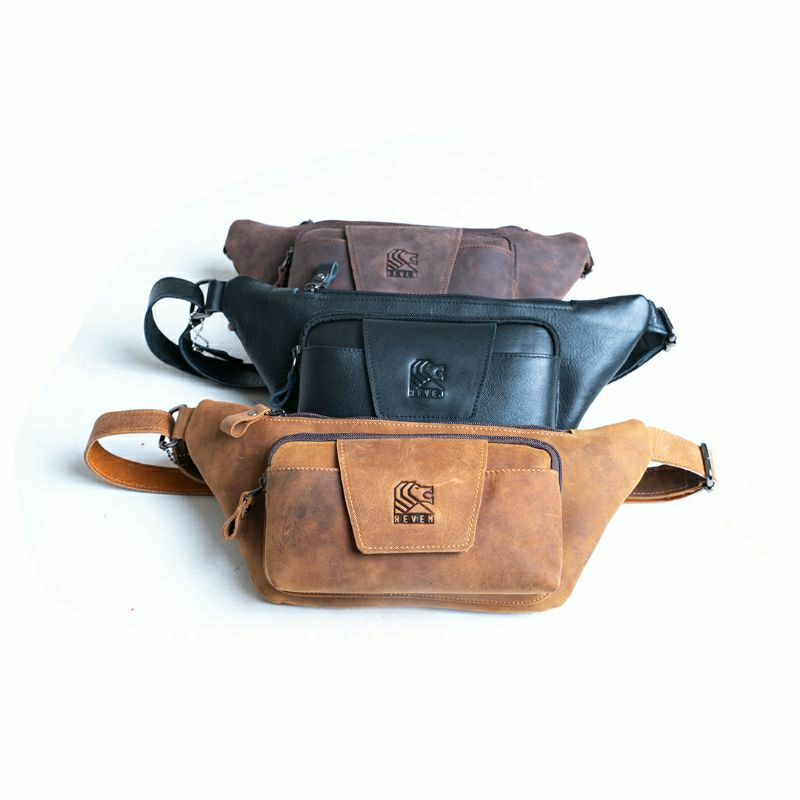 REVEN LEATHER- Tas selempang waistbag pria kulit asli crazy horse REVEN MAHAMERU, tas bahu pria kuli