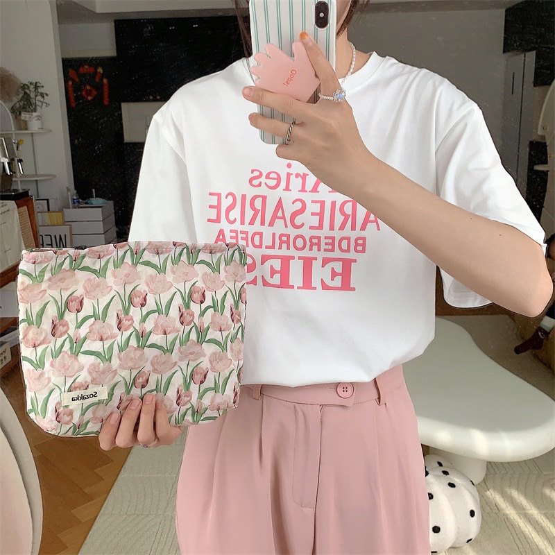 tulip korean pouch / tas make up skincare / travel organizer bag cosmetic motif bunga cantik premium lucu kekinian viral murah premium tempat dompet hp kunci serbaguna multifungsi PO32