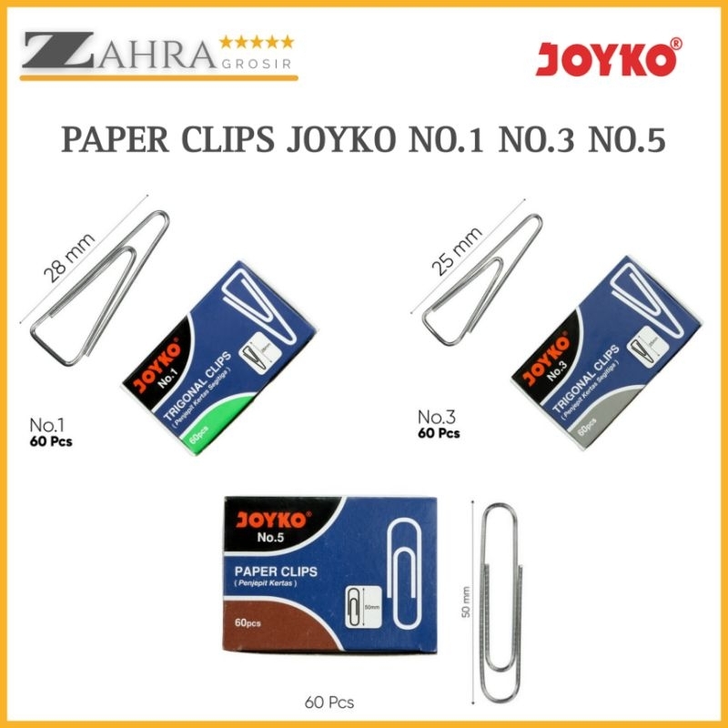 

Paper Clip Klip Penjepit Kertas Joyko Original No. 1 / No. 3 / No. 5 (1 Box isi 60pcs)