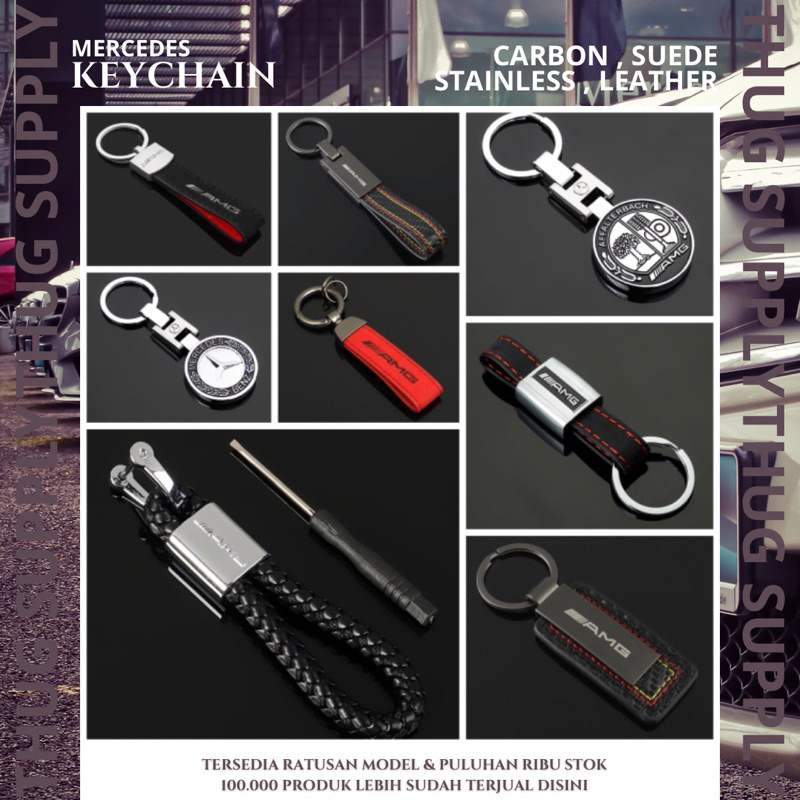 KEY CHAIN MERCEDES CARBON SUEDE LEATHER GANTUNGAN KUNCI CASE CASING SARUNG KUNCI W204 W212 C E AKARBON KULIT AMG BENZ MERCY COVER STAINLESS MOBIL REMOT STNK