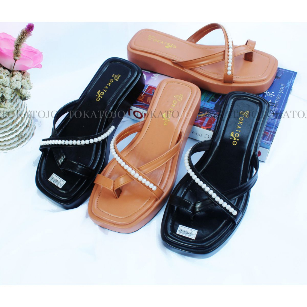 Sandal flatform wanita tali silang mutiara terbaru Sandal wedges wanita terbaru