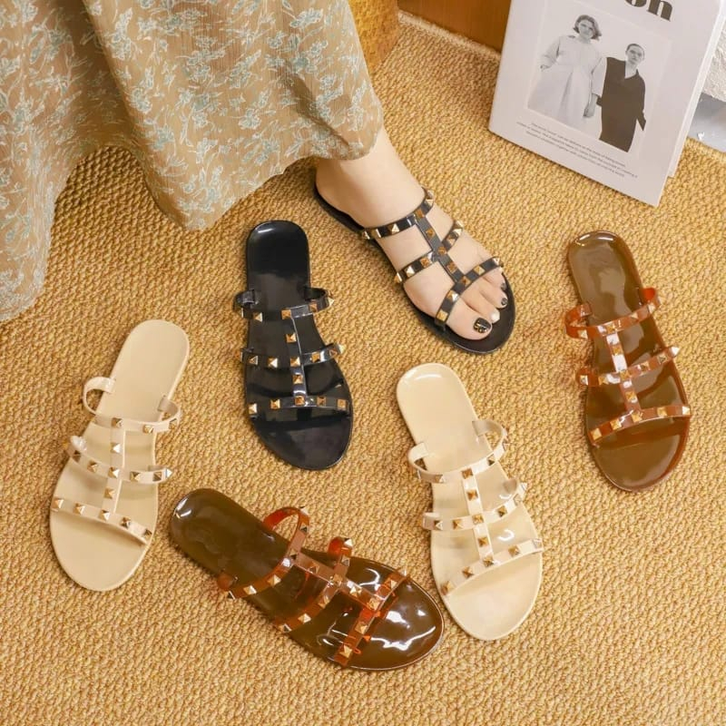 Sandal Wanita Jelly Stud Garis Nyaman Dan Empuk Termurah