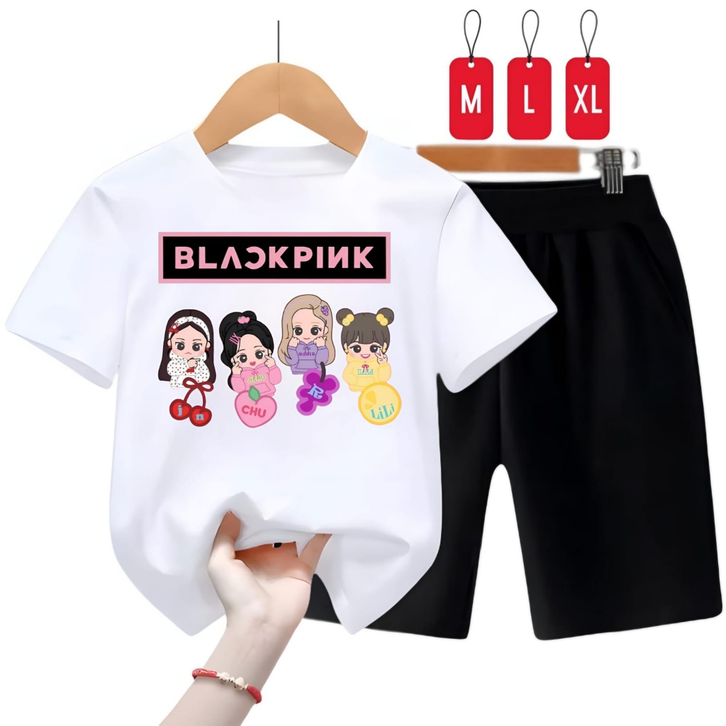 Hzl_outfit Setelan Kaos Anak Cewek B.Pink Kartun/Kaos Set Celana Pendek