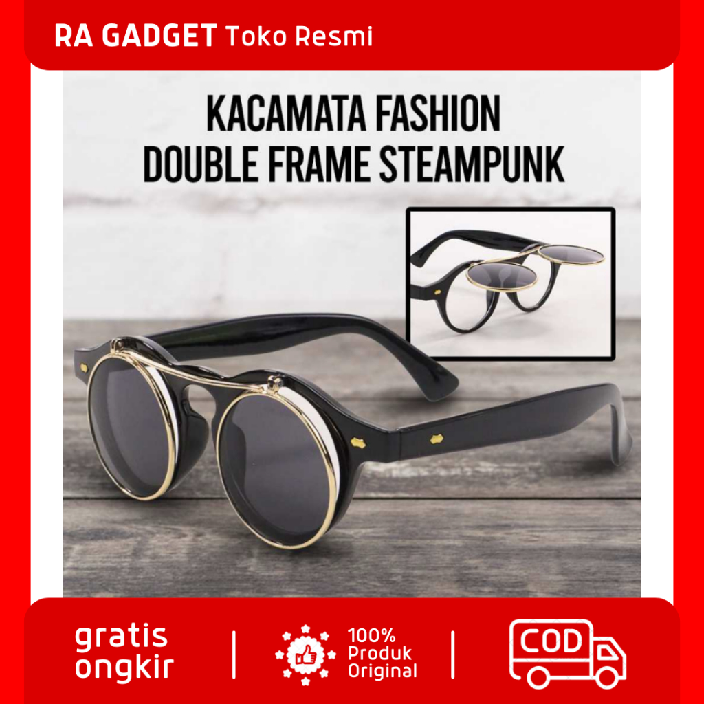 Kacamata Fashion Double Frame Steampunk / Kacamata Retro Unisex Fashion Wanita Pria Kekinian Korea A