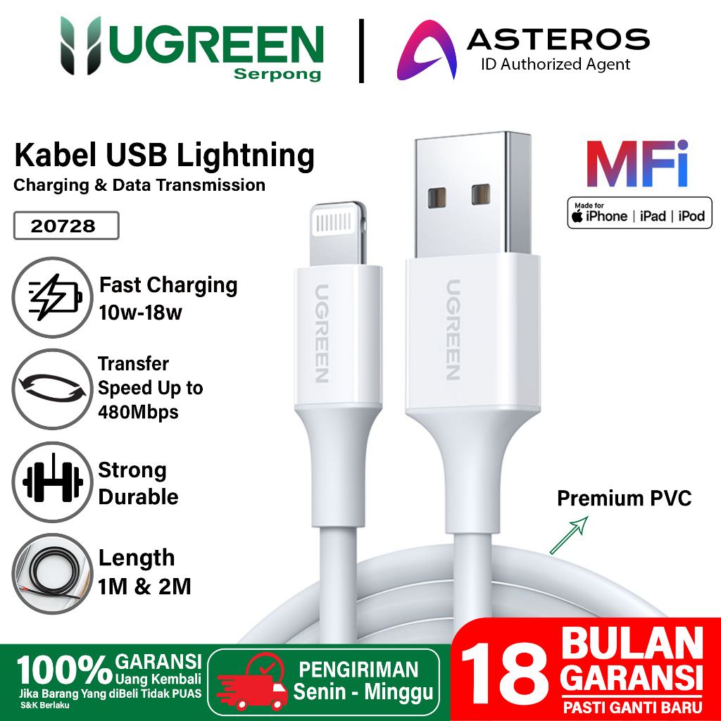 UGREEN Kabel Data iPhone Mfi USB Lightning Fast Charging Untuk iPhone 13 12 11 X XR XS Max 8 Plus