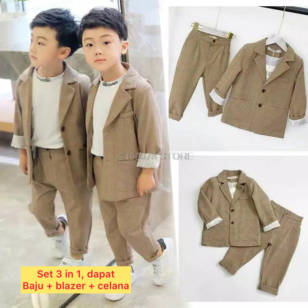 Baju Anak Laki Laki 3in1 (Dapat Baju + Jas + Celana) Setelan Anak Cowok Baju Pesta Anak Cowok Murah Baju Jas Anak Laki Ala Korea Baju Korea Anak Bayi Balita Cowok Setelan Jas Anak Umur 2 Tahun 3 Tahun 4 Tahun 5 Tahun Set Baju Kondangan Anak