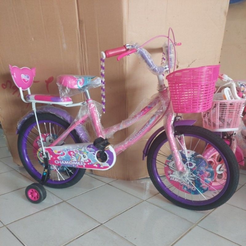 Sepeda Anak Cewek Perempuan Bmx Mini Ukuran 12 inch, 16 Inch &amp; 18 Inch Chamomile 1201 Sandaran Belakang Ban Pompa