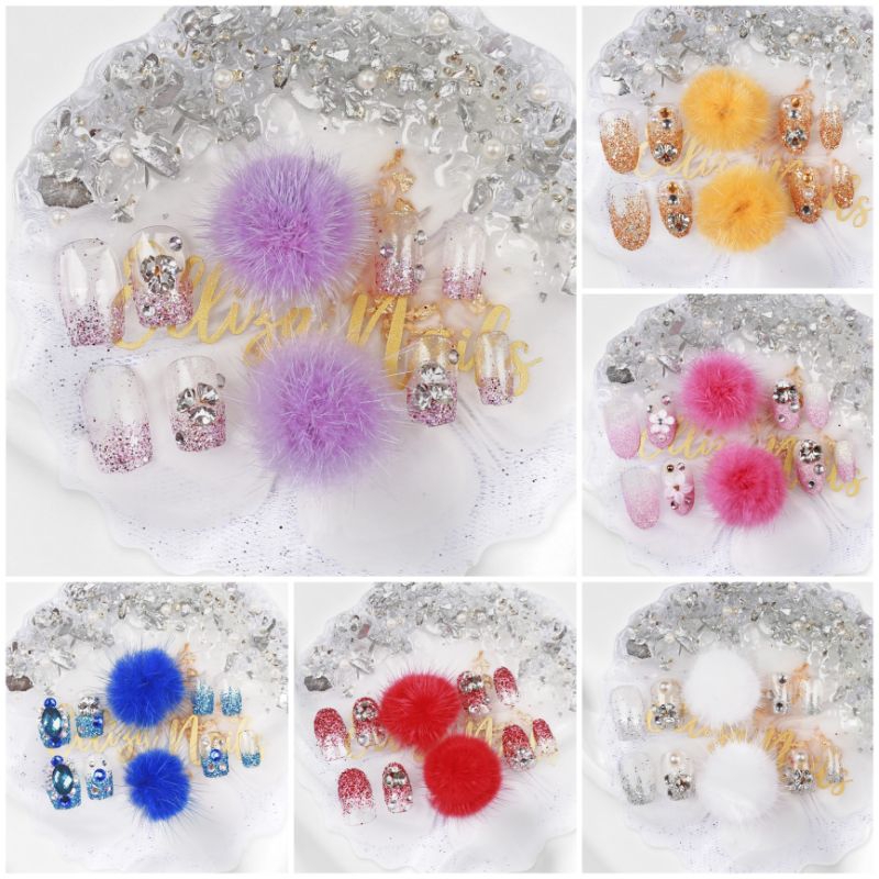 12 PCS KUKU POMPOM TERMURAH / WEDDING FAKE NAILS BULU / FRE LEM DOUBLETIP