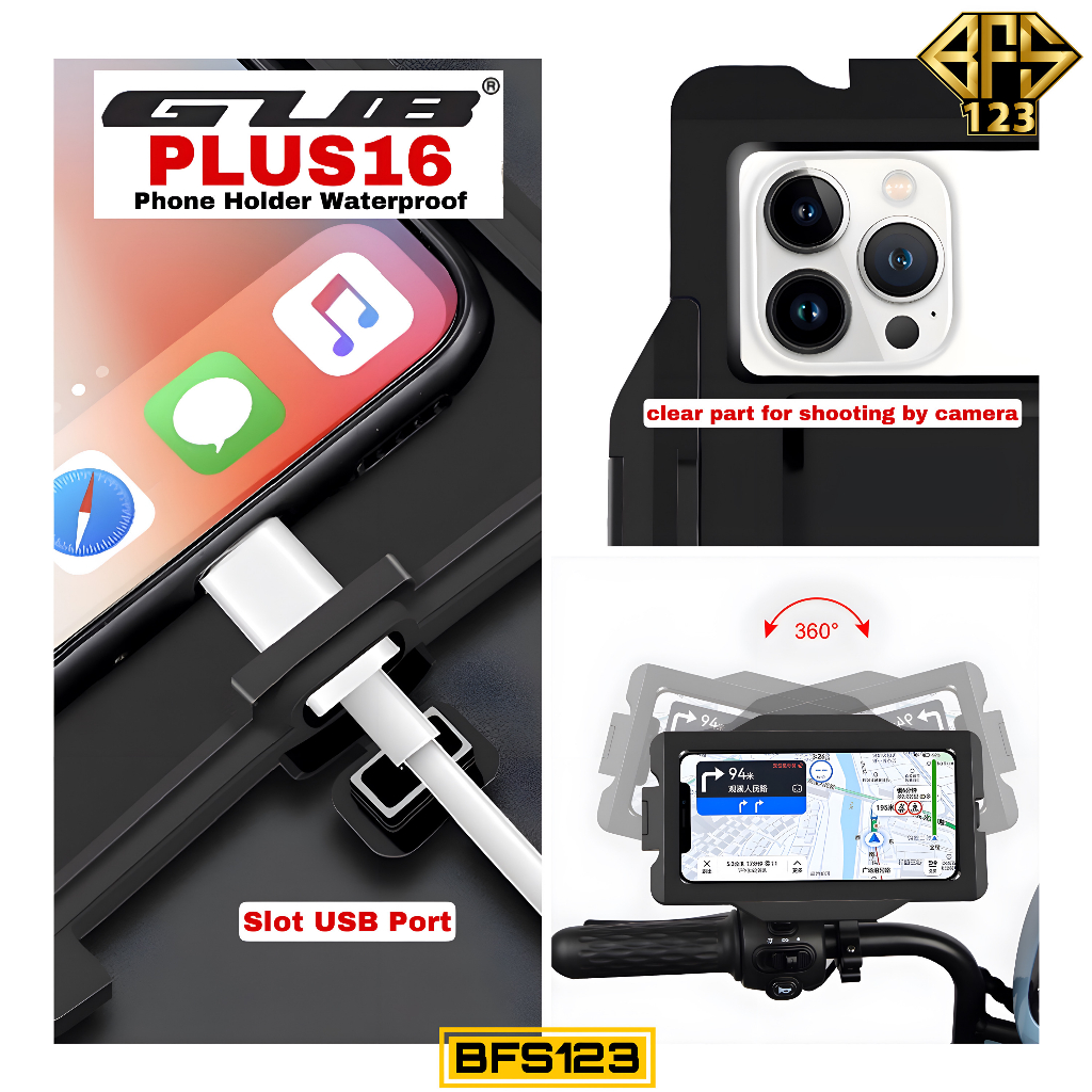 GUB PLUS16  Phone Holder Handphone Waterproof Anti Air Hujan Rotate 360