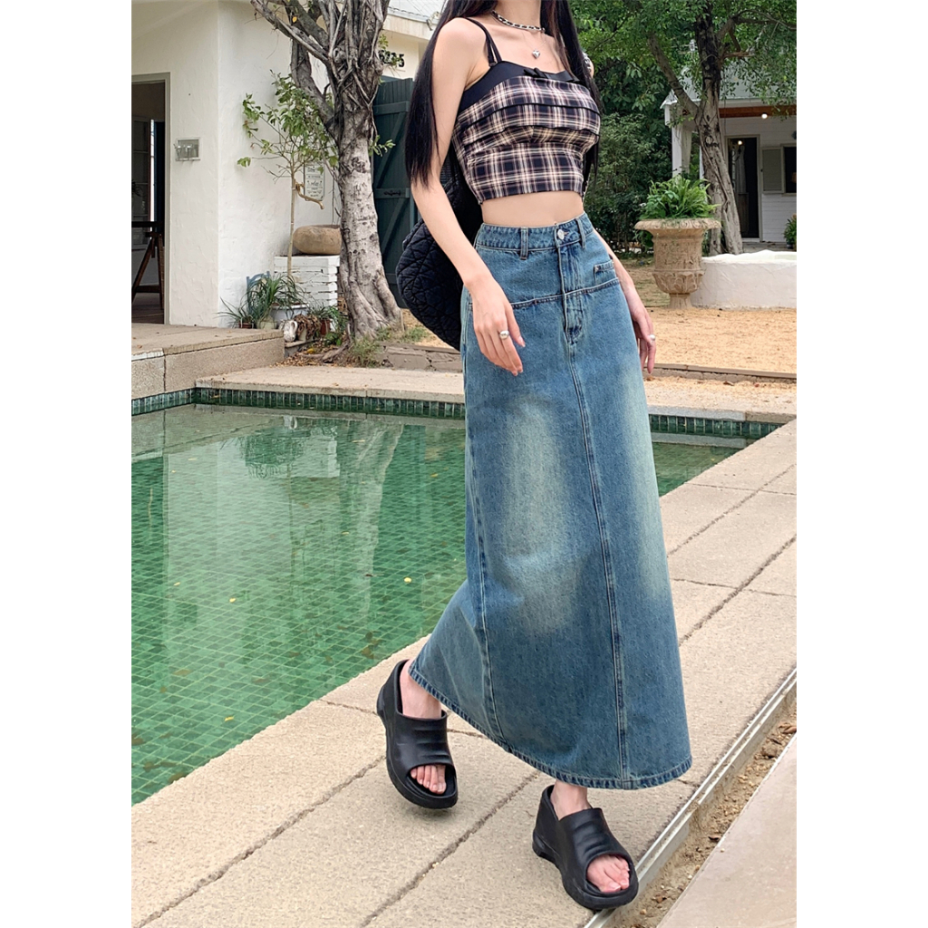 XIAOZHAINV Korean Style Denim Rok Panjang Wanita Skirts Setengah High Waist Biru 0796