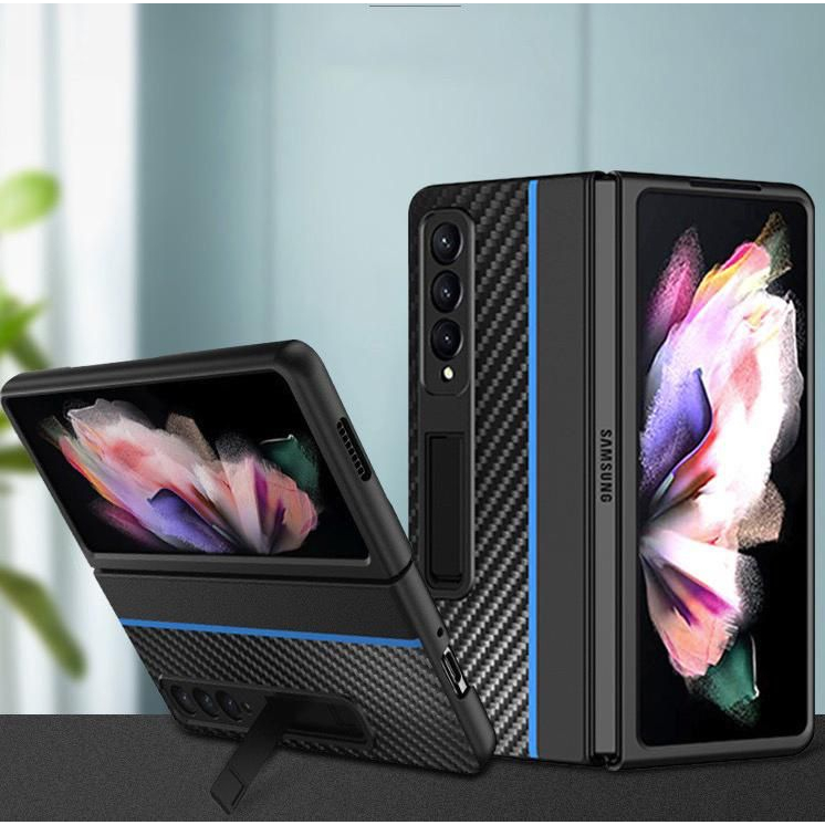 Hard Case Pelindung Penuh Pola Jahitan Karbon fiber Dengan Stand Untuk Samsung Galaxy Z FOLD 3 4 FLIP 3 4