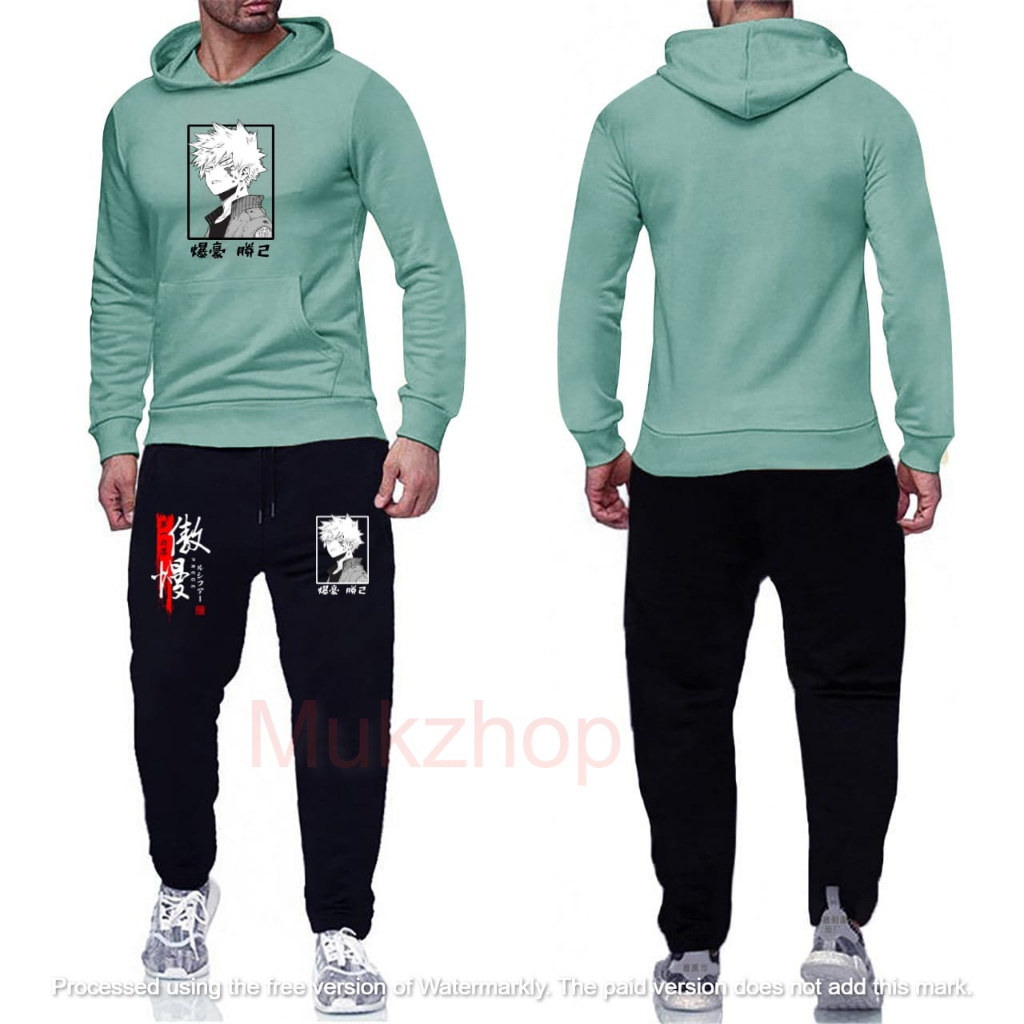 Setelan hoodie jogger Bakugo Mukzhop Hoodie cowok Celana panjang pria