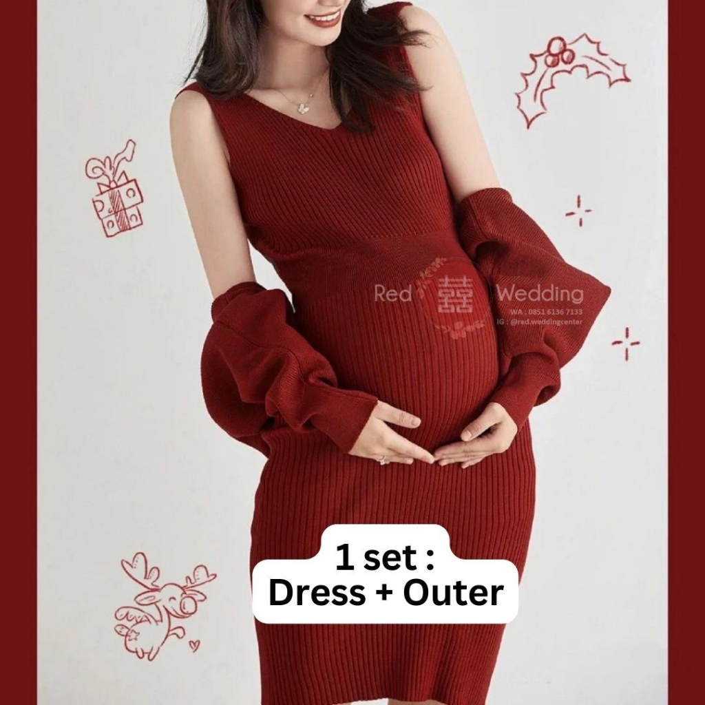 Gaun Maternity Dress Gown Merah Maroon Knit Photoshoot Baju Hamil Stretch Perfect Fit Outer Backless design