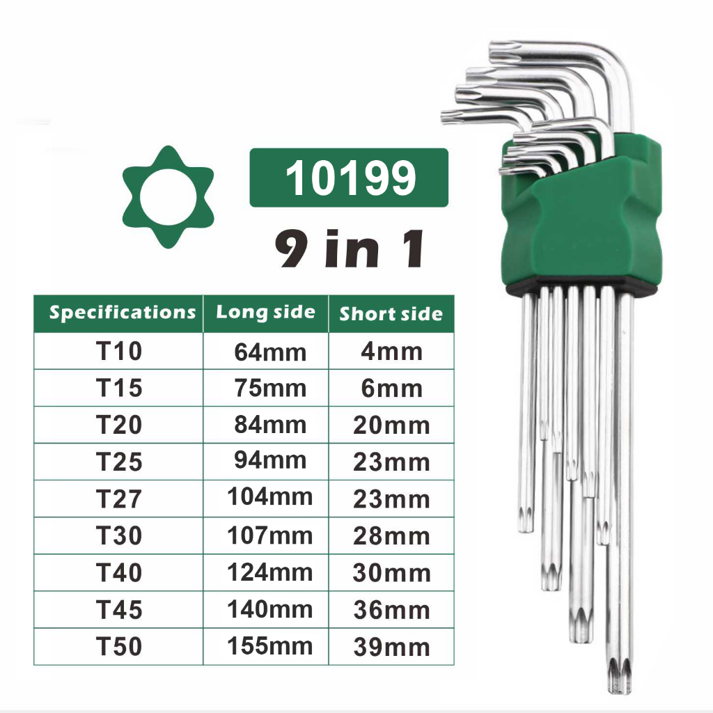 Allefix Kunci L Bintang Set 9 pcs Ext  Premium Kunci L Kombinasi Hex Star Vanadium Chrome L-10199