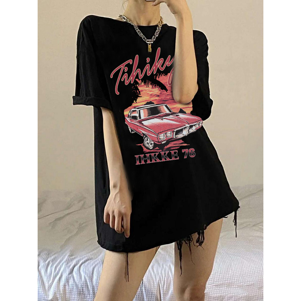 EUNII T-shirt Lengan Pendek Retro Racing Car Korean Style/Kaos Atasan Wanita/Baju Kaus Oversize Wanita/Kaos Wanita