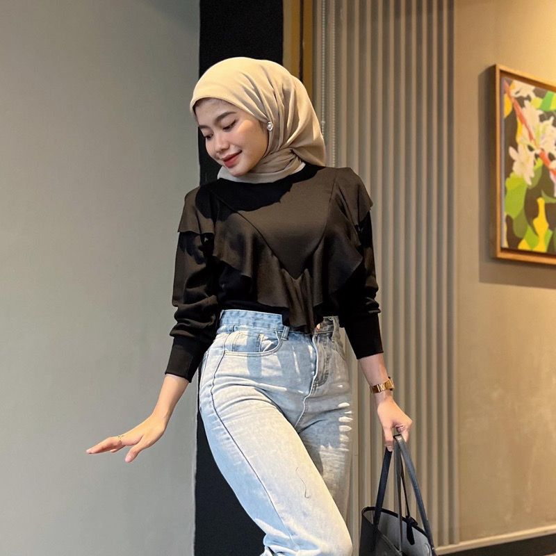 Sabrina Atasan Wanita Terbaru Ruffle Top Bahan Cotton Rib