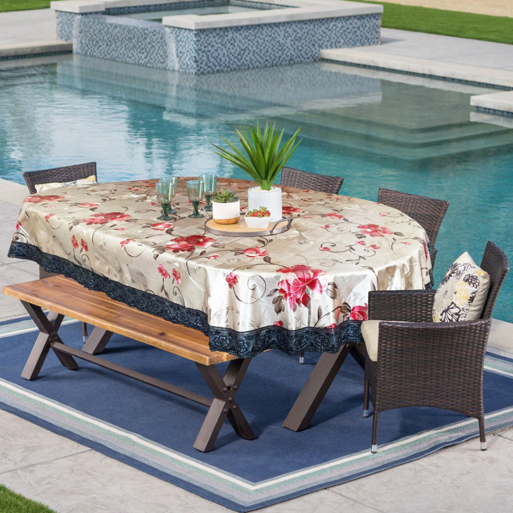 [✅COD] TAPLAK MEJA MAKAN OVAL 6 KURSI MOTIF BUNGA SHABBY