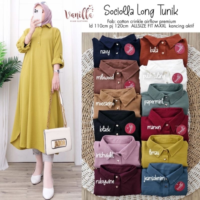 (Warna Baru) SOCIOLLA LONG TUNIK ORI VANILLA | Crinkle Airflow