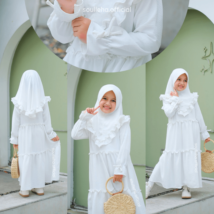 Gamis Anak Putih Gamis Manasik Haji Usia1-11 tahun Set Hijab Crinkle Airflow Premium