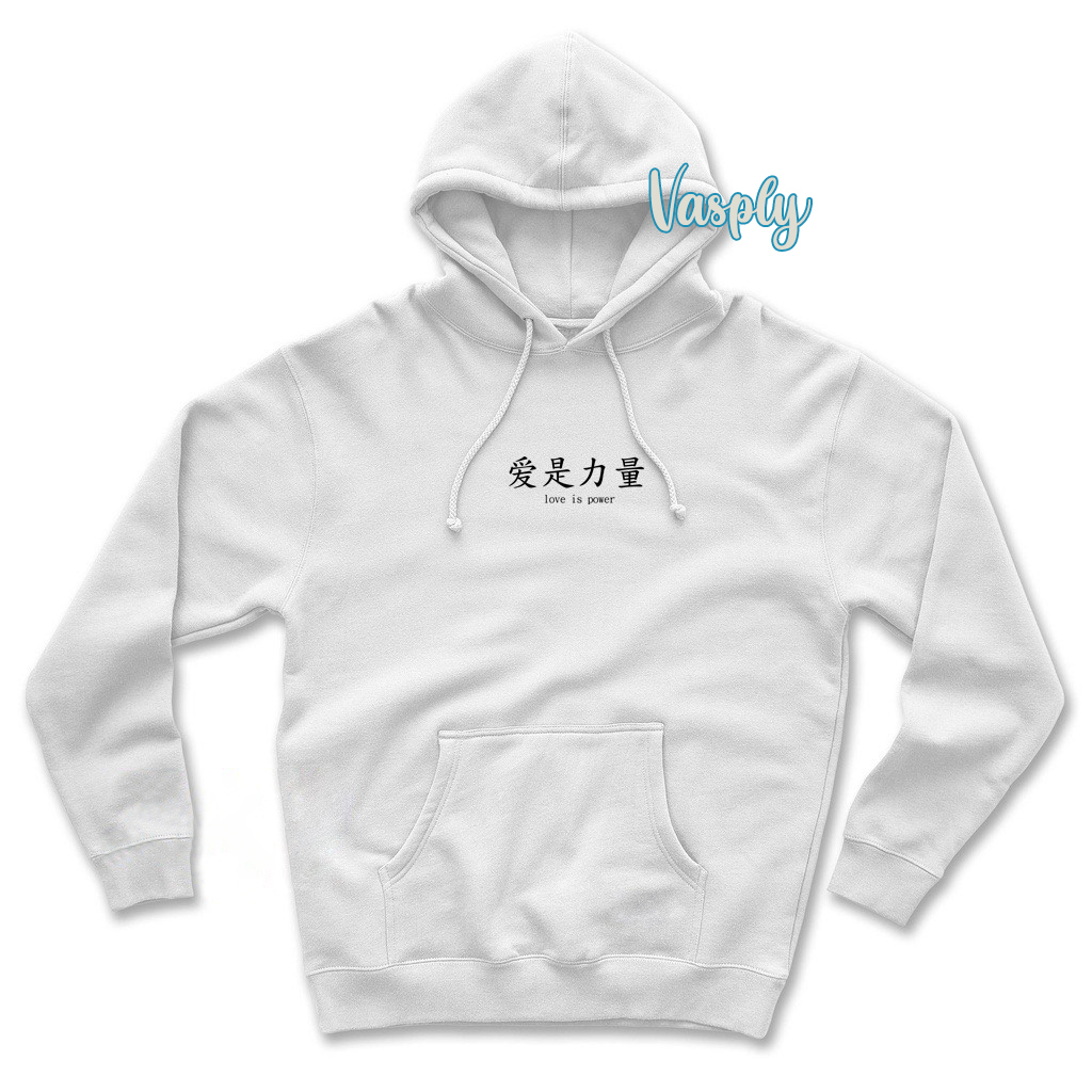 VASPLY Sweater Hoodie Pria Wanita Oversize Love Is Power Tulisan Jepang Bahan Fleece Tebal Premium Distro