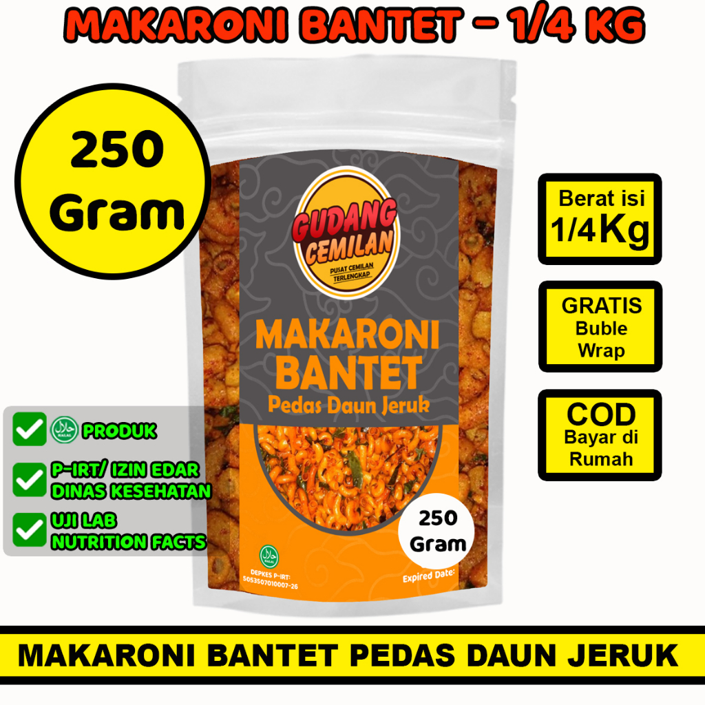 

250 GRAM MAKARONI BANTET PEDAS DAUN JERUK, SNACK CEMILAN PEDAS