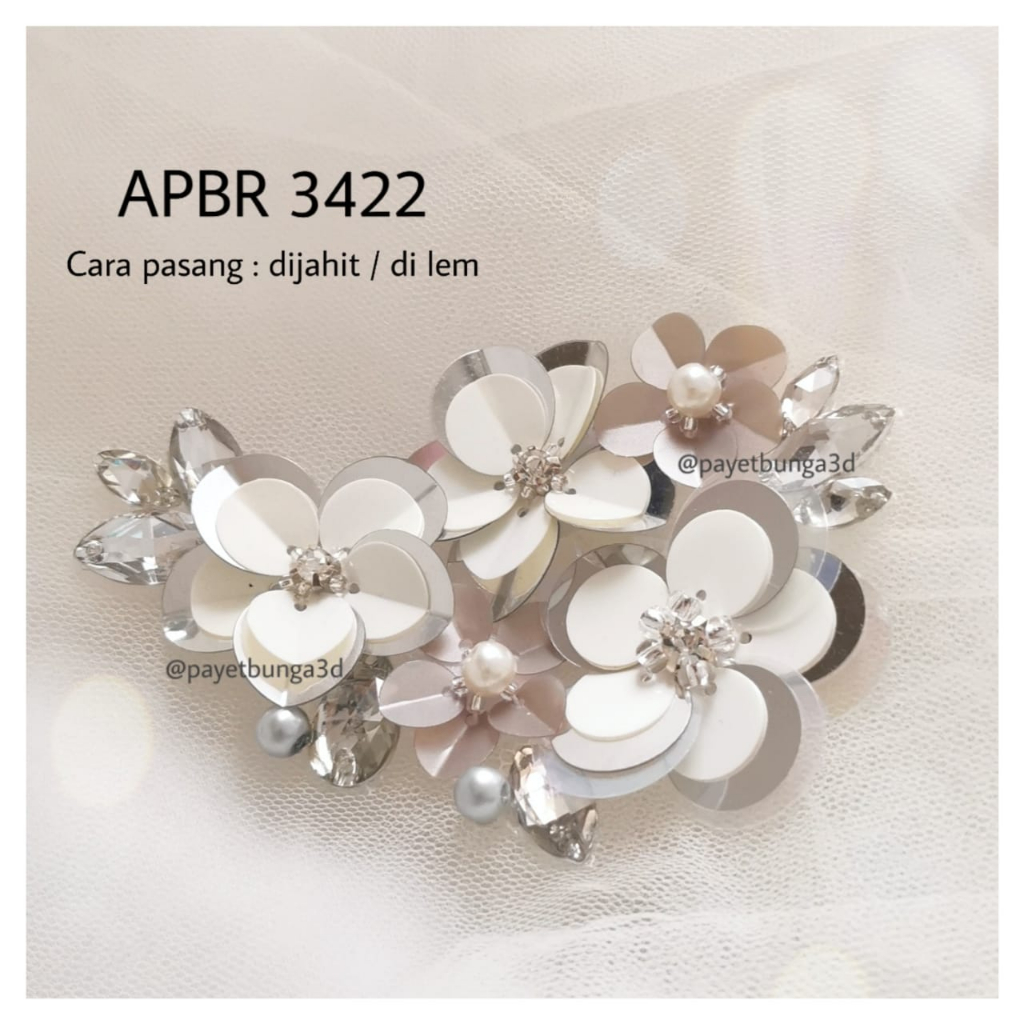 payet rangkai bunga 3d APBR 3422 abu silver off white