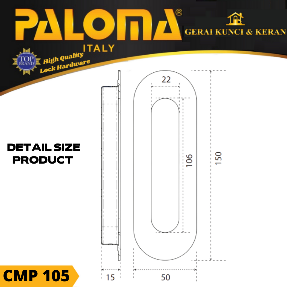 PALOMA CMP 105 COMEN GAGANG PINTU SLIDING OVAL 15CM STAINLESS SSS