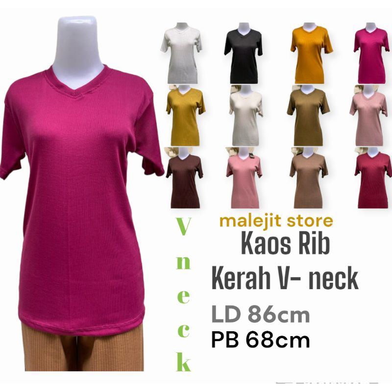 (COD) kaos kerah V-neck lengan pendek WANITA [Bahan rib tebal &amp; lembut]