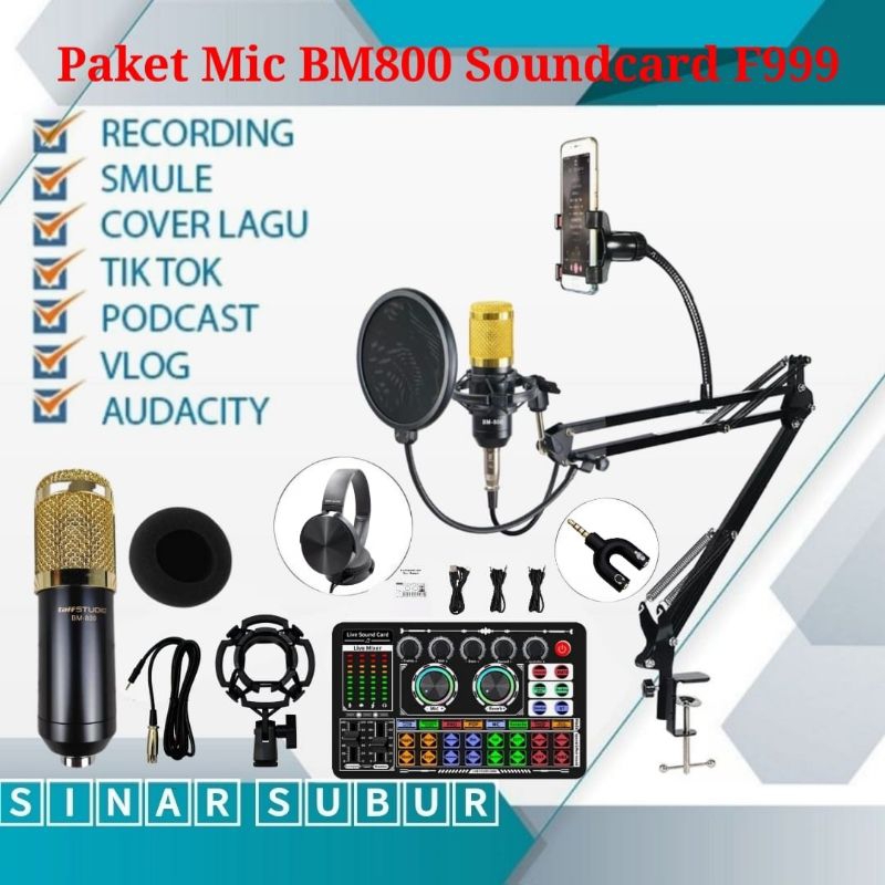 Paket Premium Mic BM800 Soundcard F999 Stand D6 Phone Holder Pop Filter