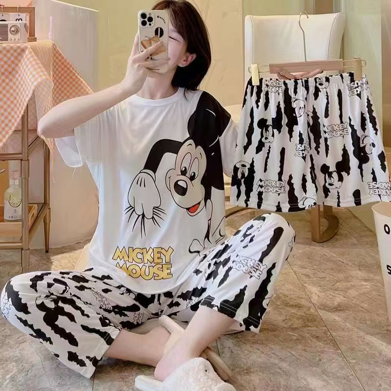 (Hello Girl)SY06 Set Piyama  Baju Tidur Wanita 3IN1 Motif Kartun Gaya Korea  Import