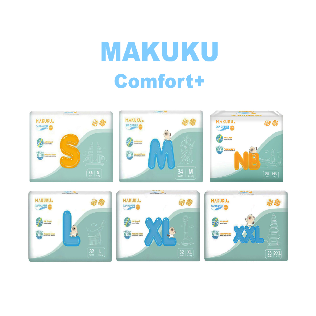 MAKUKU Popok Diapers Comfort+ Type Tape / Celana NB-28 / S-36 / M-34 / L-32 / XL-32 / XXL-28 Extra Dry - Popok Bayi Sekali Pakai