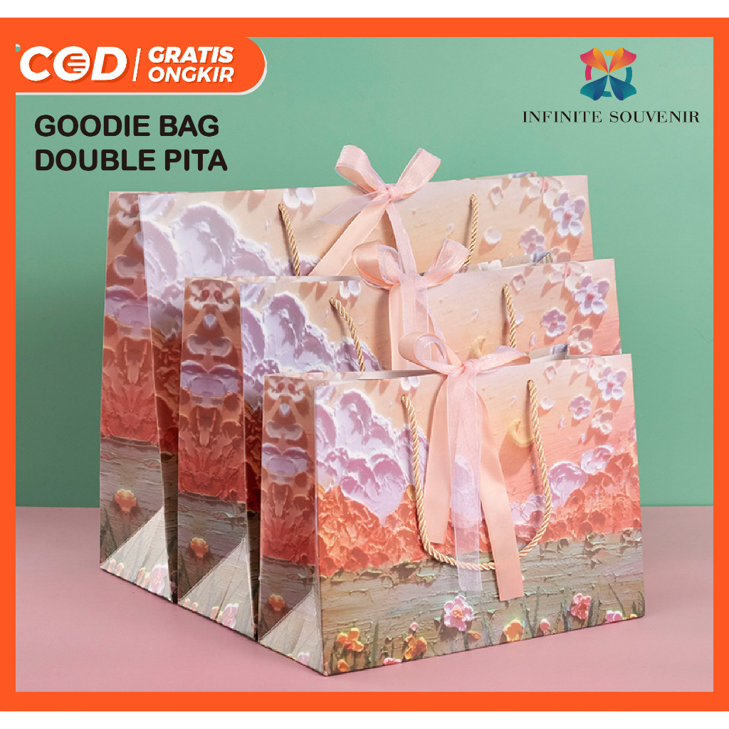 Double Pita Kantong Tas Paper Bag Ukuran Besar dan Sedang / Paperbag Kertas Karton Tebal dengan Ribbon Tile Minimalis dan Elegan / Gift Bag Kado Ulang Tahun / Birthday / Pernikahan / Hadiah