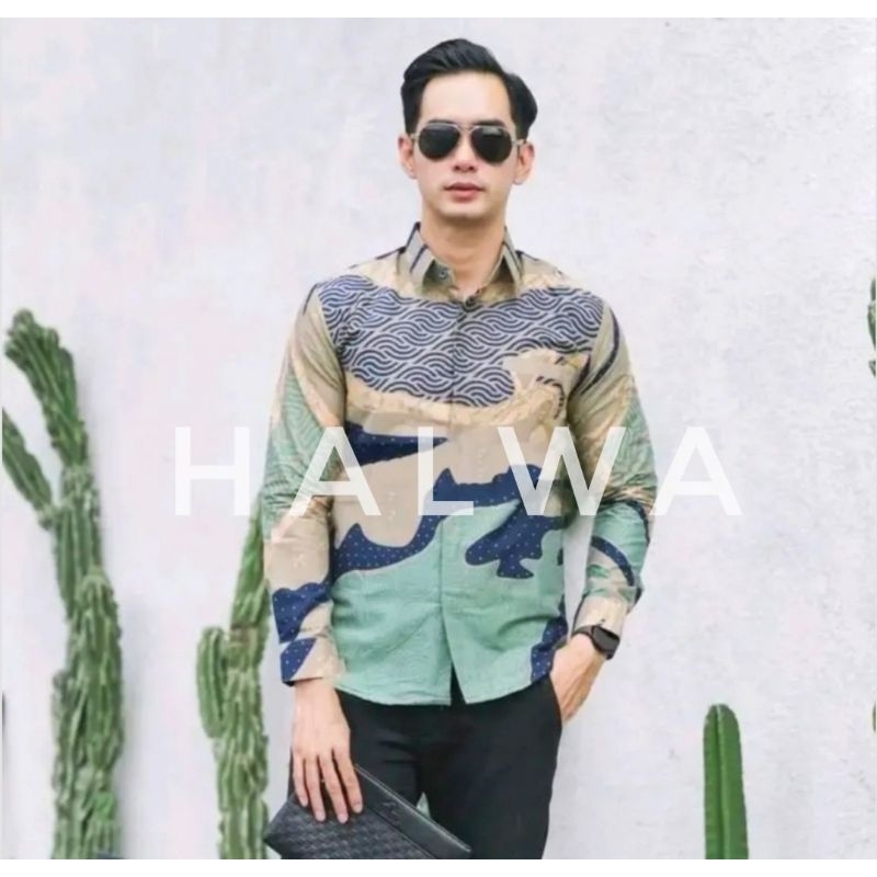 Batik pria sage green kemeja batik lengan panjang hijau