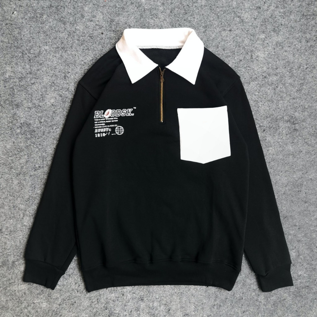 Excitus Vintage Rugby Halfzip Polo Shirt Jaket Pria Wanita Katun Fleece Tebal Size M L XL XXL Hitam 