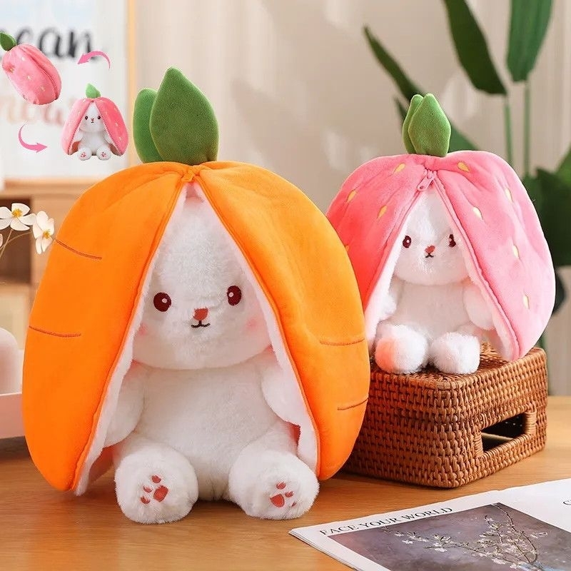 Mainan Boneka Kelinci Strawberry Mewah Flip Lucu Rabbit Berubah Bentuk jadi Stroberi dan Wortel