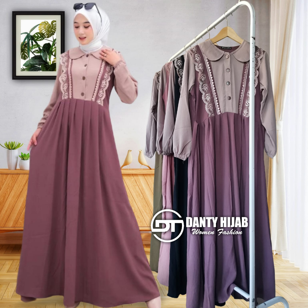 Amel Maxy Gamis Crinkle Airflow Model Terbaru Variasi Brukat Kombinasi