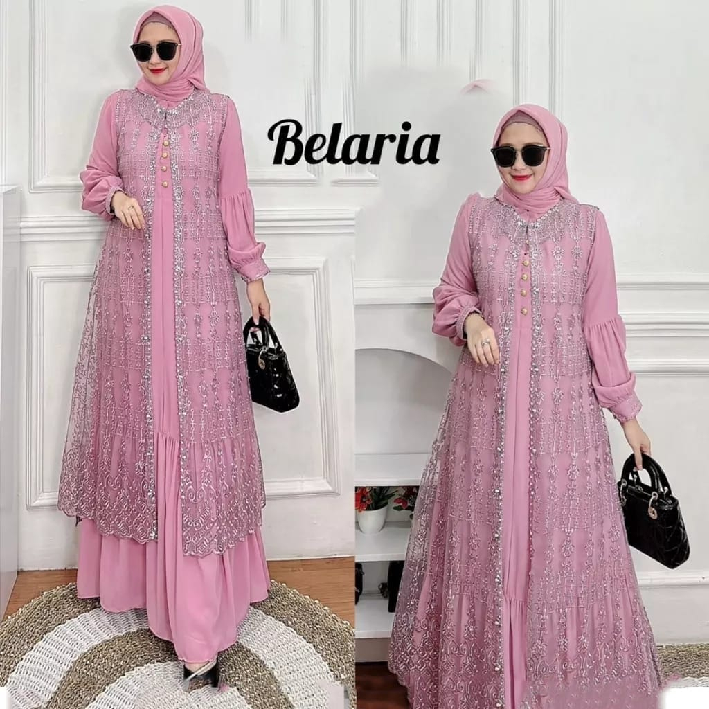 Belaria dress Gamis mewah kondangan bahan shimmer aplikasi mutiara Fashion muslim perempuan gamis terbaru 2024 davira dress