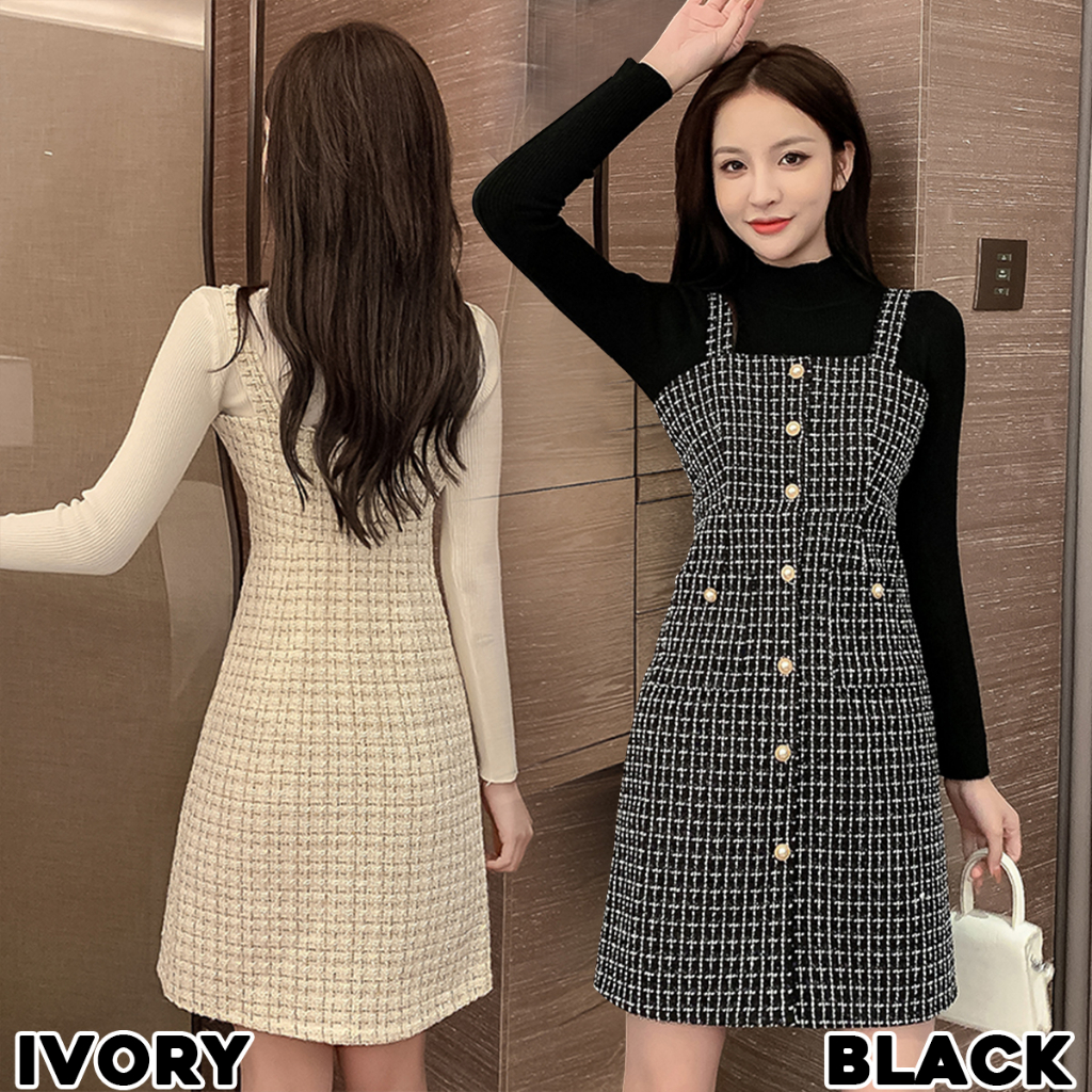 KARAKOREA 5568 Premium Tweed Dress Set/Rok Terusan plus Baju/Dress Korean style setelan wanita one set import/baju satu set outfit