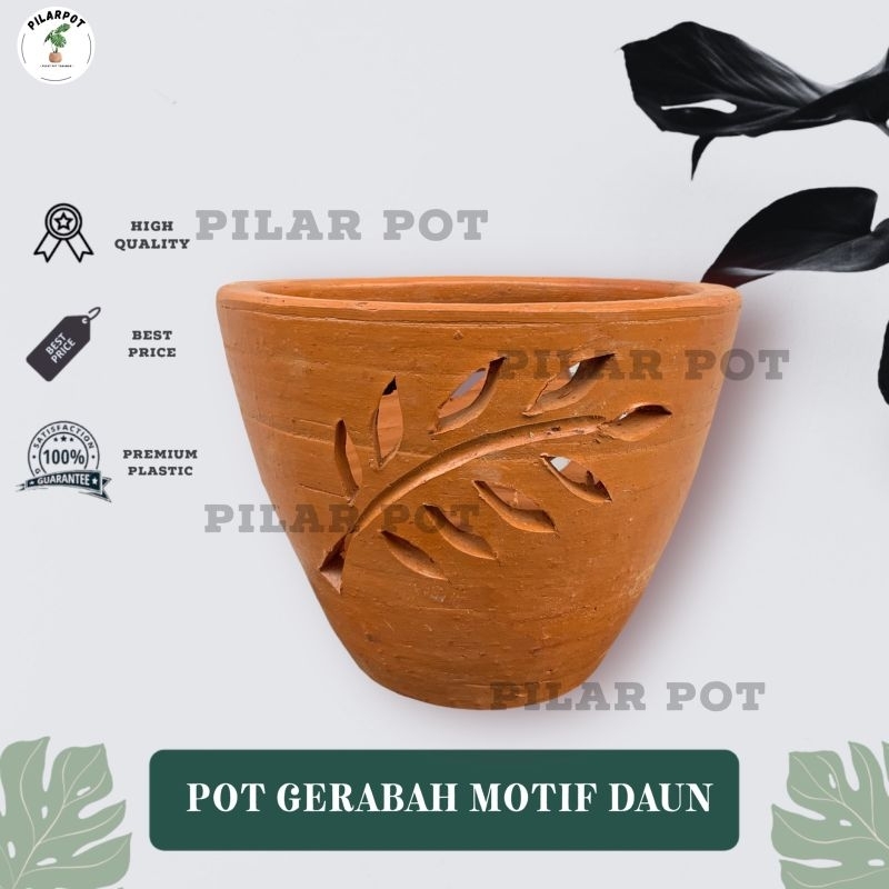 POT BUNGA TANAMAN GERABAH TANAH LIAT MOTIF DAUN TERRACOTTA D22 - MOTIF DAUN