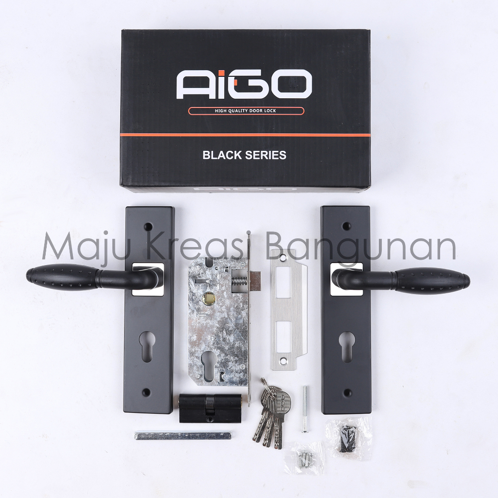 Handle Pintu Ukuran Sedang Set AIGO Hitam List Silver Kunci Rumah Anak Gagang Handel Granat