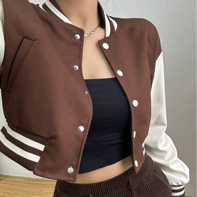 2 warna Korean Style jaket baseball wanita oversize Crop Kotak-kotak Jaket