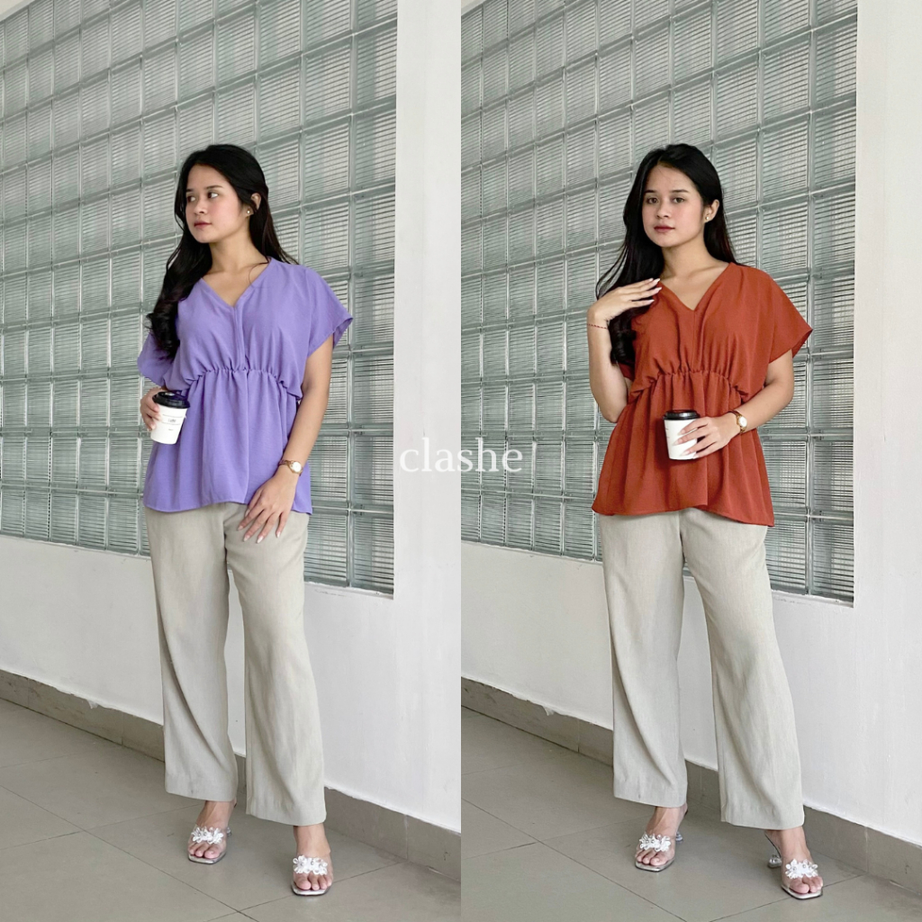 Baju Blouse Wanita Atasan Lengan Pendek Crinkle Airflow Anti Lecek Korean Style Kekinian Terbaru Ootd Bella Top by Clashe