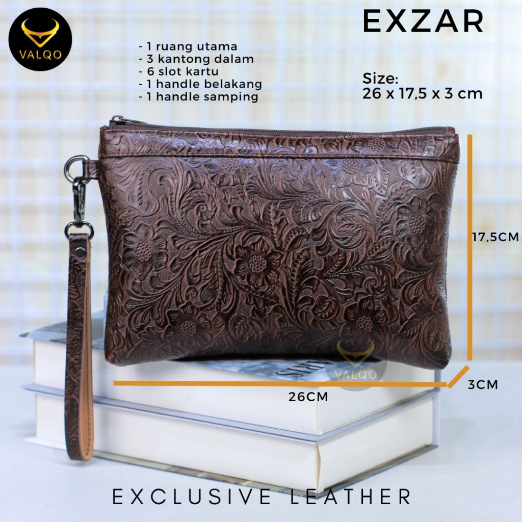 [VALQO] EXZAR Clutch kulit Sapi Motif Batik Pouch Kulit Handbag Wanita Pria 6 Slot Kartu Tas Tangan