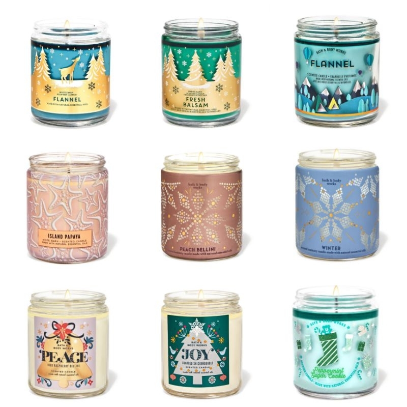 [BBW SAS BIG SALE] BBW SINGLE WICK CANDLE - Cinnamon caramel swirl, Peace, Joy,  Fresh balsam, Wildberry jam donut, Peppermint sugar cookie, Grapefruit sage, Flannel, Island papaya, Winter, Tis this season, Peach bellini, Lemon rosemary