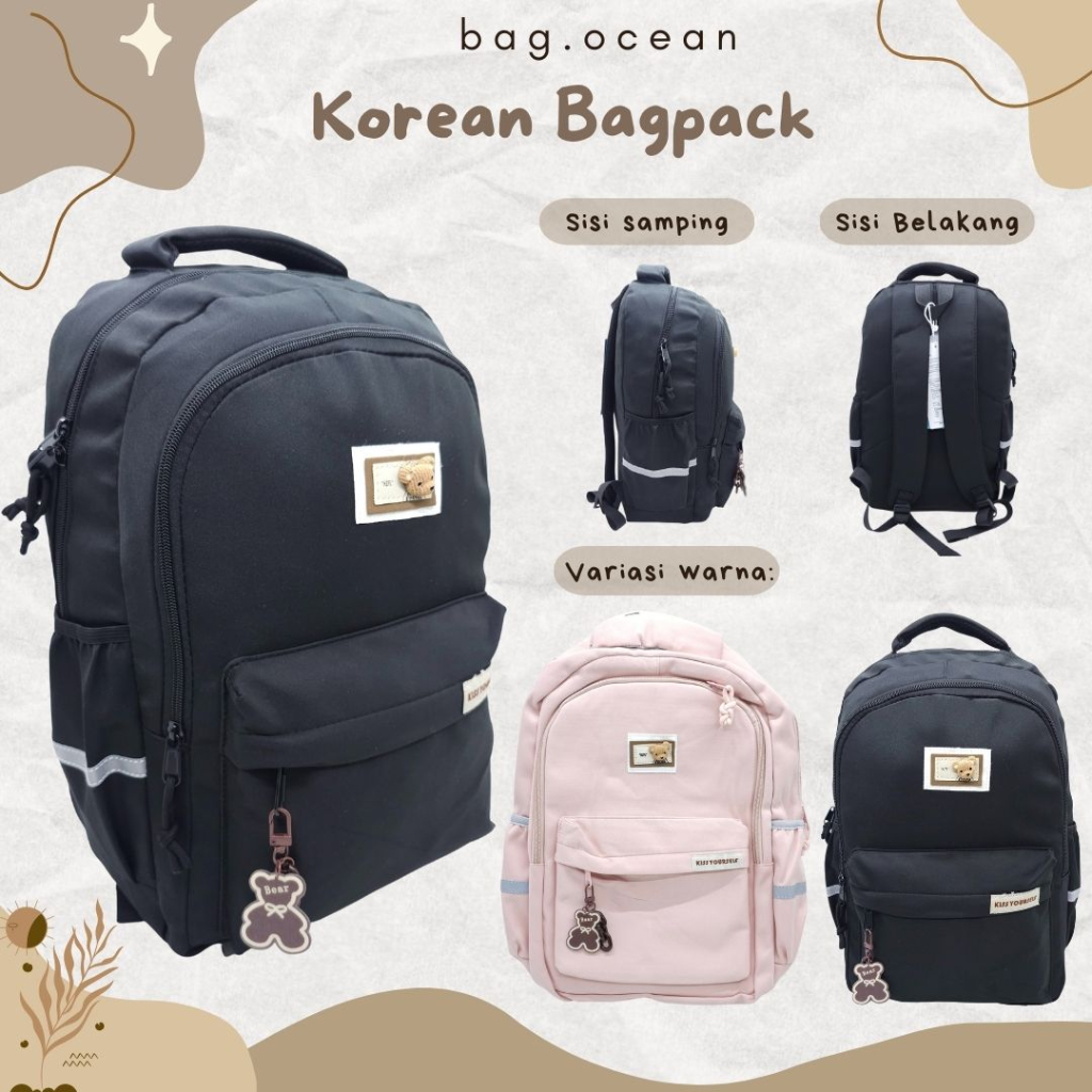 STYLISH KOREAN BAGPACK 17 INCHI / TAS KOREA IMPORT ORIGINAL MURAH BARU /  TAS KOREA KEPALA BONEKA AKRILIK + GANTUNGAN KUNCI BEAR / TAS SEKOLAH CEWEK WATERPROOF / KOREAN BAGPACK / CUTE SCHOOL BAG / TAS SEKOLAH LUCU / WATERPROOF BAG IMPORT KOREA MURAH ORI