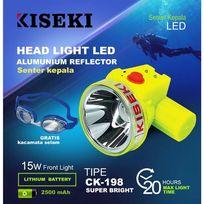 SH_27 Senter Kepala Kiseki CK-198+Kaca Mata Renang 15Watt Super Terang Waterproof / Headlamp Waterpr