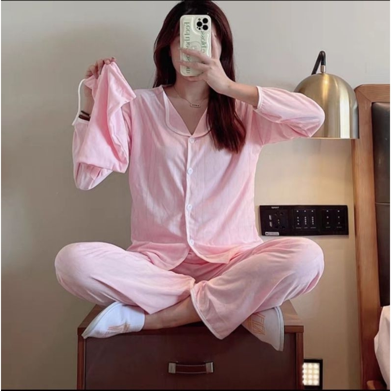 RULIF Baju Tidur Wanita Dewasa Setelan Free Pouch Serut Lucu Model Polos Bahan Knit